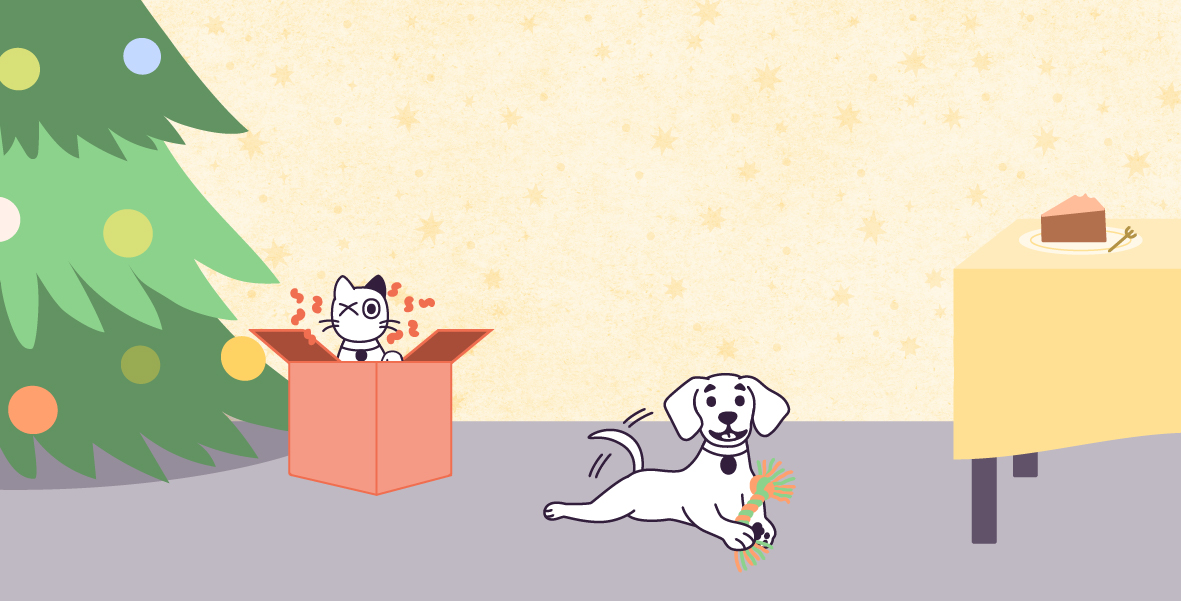 A vector illustration on a large rectangle of Lilac, and Violet in a sparkling living room with a colorful Christmas tree in the left corner and a dinner table on the right. On top of the table is a slice of cake. To the left is Lilac playing with a rope bone toy. To the left is Violet, inside a gift box with confetti. 