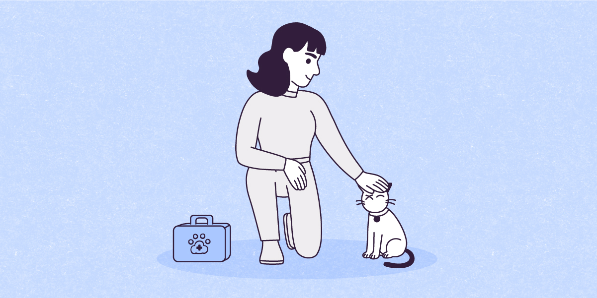 A vector illustration on a large horizontal rectangle with Night Snow Blue paper-textured background of Lily and Violet standing on a smaller off-white rectangle. Lily is kneeling with her left knee on the floor and her right foot forward, looking down and to the right at Violet while petting her with her left hand on the head. Violet sits with her eyes closed and her tail on the ground. Lily’s right arm is resting on her right knee, and by her left side, a blue box with an icon of a paw with a cross inside is standing on the floor.