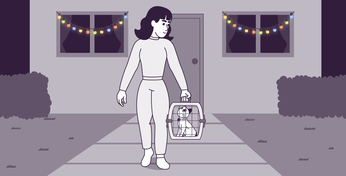 A vector illustration on a large rectangle of Lily and Violet coming out of the house into the front yard at night. In the window of the house are colorful Christmas lights. Violet is in a pet carrier, looking at Lily. Lily is walking with the pet carrier in her left hand, looking down and smiling at Violet.