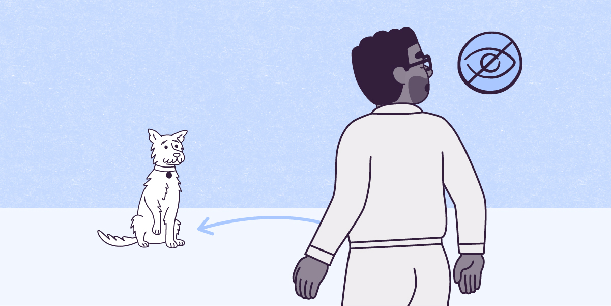 A vector illustration on a Light Night Snow blue paper-textured rectangle with a light night blue rectangle at the bottom, shows Oliver, a medium-tall, large, dark gray-skinned, male-presenting man with short, curly, aubergine hair, a beard, and glasses, walking towards Clover, a medium-sized, white mutt dog with long, spiky fur and short, upright ears, sitting at his left, facing him with his right paw in the air and his tail around his legs on the floor. On the floor, an arrow describes a concave curve from Oliver´s to Clover´s right. Oliver’s face is facing away from Clover, looking to the right, and his visible eye is closed.  A Night snow blue icon on the top right corner of the image shows an eye crossed out by a diagonal line.