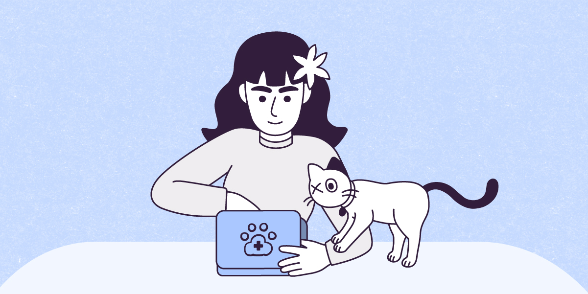 A vector illustration on a Night Snow Blue paper-textured rectangle with a smaller off-white rectangle in the bottom, of Lily: a slim, white-skinned, female-presenting woman with wavy aubergine hair down to her shoulders and a white flower over her left ear, is facing you, leaning her arms on a gray surface while holding a blue box with an icon of a paw with a cross inside it, with her left hand and using her right hand to check the items inside it. Violet is resting her front paws on Lily´s left arm, looking down at the inside of the box. 