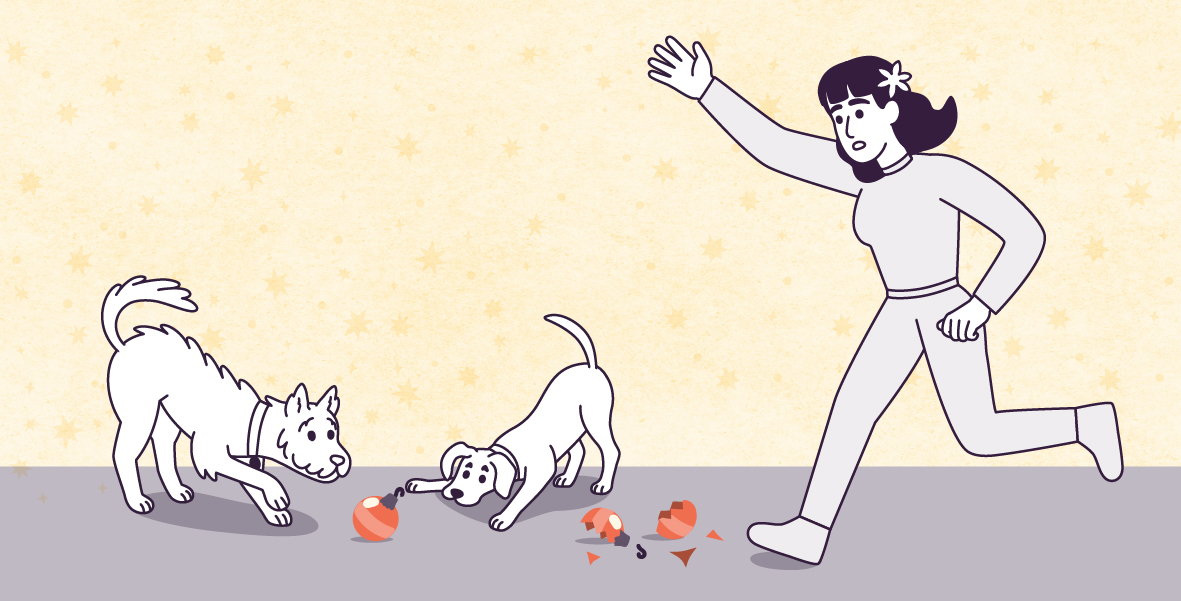 A vector illustration on a large rectangle of Lily, standing on the right, with her right hand on her head and her mouth open. Lily is looking at Clover and Lilac, to her left, who are playing with a broken Christmas ball ornament.