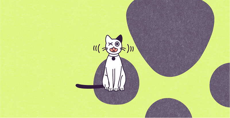 A vector illustration of Violet on a lime green rectangle. Violet is a medium-sized cat with white fur and only her left eye. Her left ear and tail are dark aubergine. She’s sitting facing you, with her mouth open and a sequence of curved lines next to each side of her head, her tail horizontal on the ground, in front of a paper-textured aubergine paw shape on the right side of the rectangle.