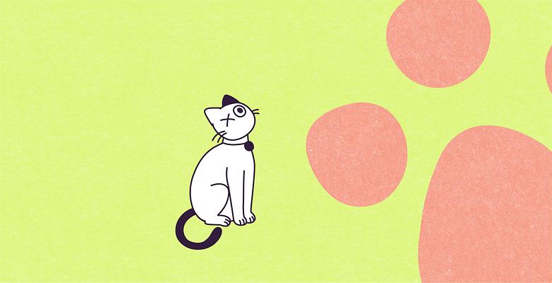 A vector illustration of Violet, a small blind cat with only one eye, one dark ear and tail sitting calmly, looking to her left/front to a large paper-textured traffic light red paw shape, on top of a lime green paper-textured background.
