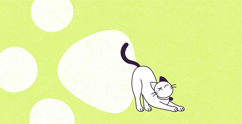 A vector illustration of Violet on a lime green rectangle. Violet is a medium-sized cat with white fur and only her left eye. Her left ear and tail are dark aubergine. She’s stretching facing right, with her front paws bending, her back rear up, and her tail waving up in the air, in front of a paper-textured off-white paw shape on the left side of the rectangle.