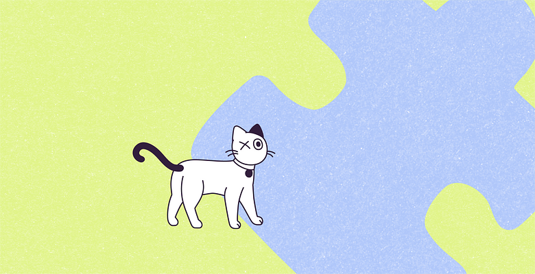 A vector illustration of Violet on a lime green rectangle. Violet is a medium-sized cat with white fur and only her left eye. Her left ear and tail are dark aubergine. She’s standing facing right, with her tail waving up in the air, in front of a paper-textured blue jigsaw puzzle shape on the right side of the rectangle.