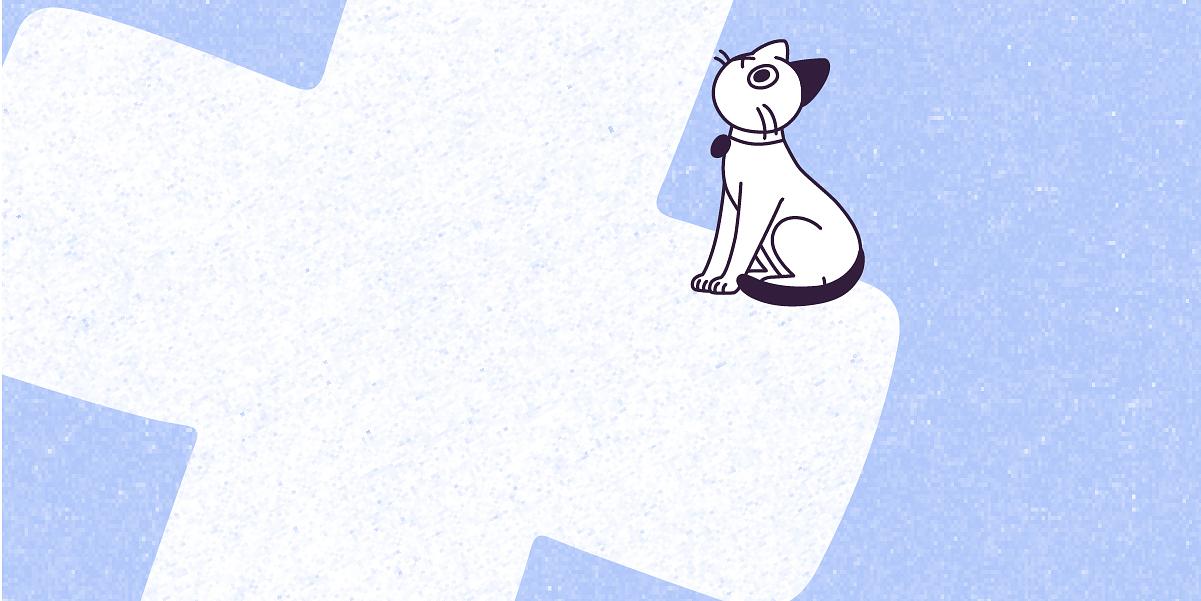 A vector illustration on a large rectangle of a white paper-textured cross, on a night snow blue paper-textured background, where Violet, a medium-sized cat with white fur and only her left eye; Her left ear and tail are aubergine, is sitting on the right, looking up with her eye open and her tail around her legs, facing up and left to the cross shape. 